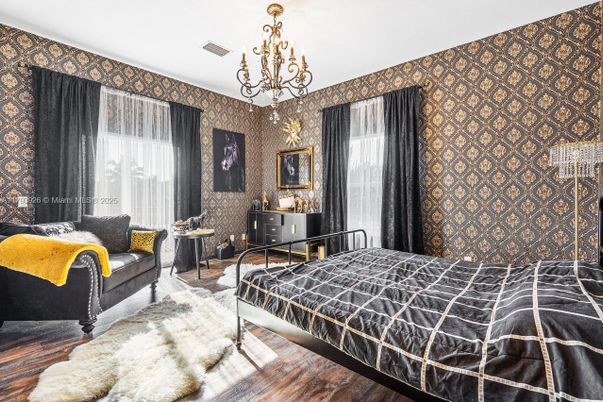 Bedroom, Chandelier, Interior, Wood Texture Flooring