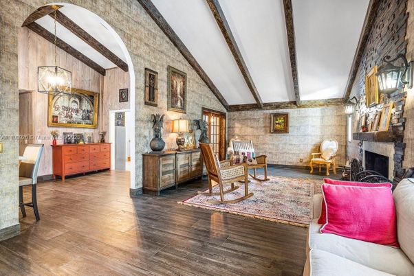 Fireplace, Interior, Living room, Pendant Lights, Stone Walls, Wooden Beams, Wood Texture Flooring