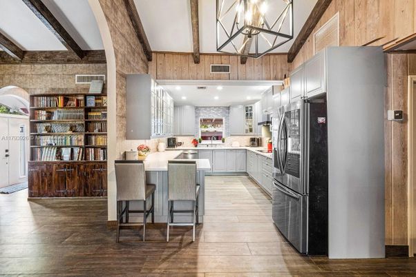 Interior, Kitchen, Pendant Lights, Recessed Lighting, Stainless Steel Appliances, Wooden Beams, Wood Texture Flooring