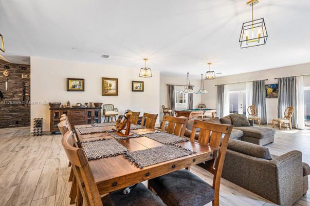 Dining room, Interior, Living room, Pendant Lights, Wood Texture Flooring