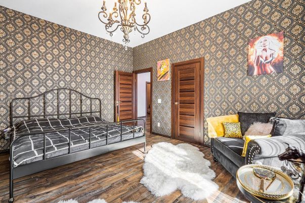 Bedroom, Chandelier, Interior, Wood Texture Flooring