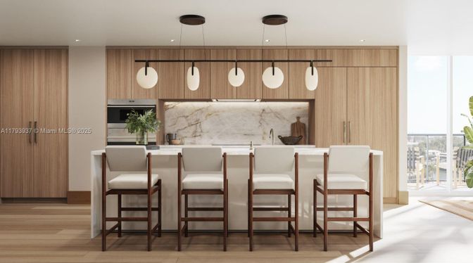 Interior, Kitchen, Marble Walls, Pendant Lights, Recessed Lighting, Wood Texture Flooring