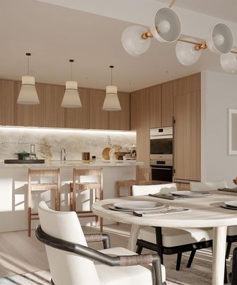 Dining room, Interior, Kitchen, Pendant Lights, Stainless Steel Appliances, Wood Texture Flooring
