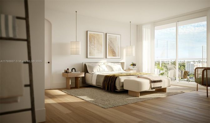Bedroom, Interior, Pendant Lights, Wood Texture Flooring