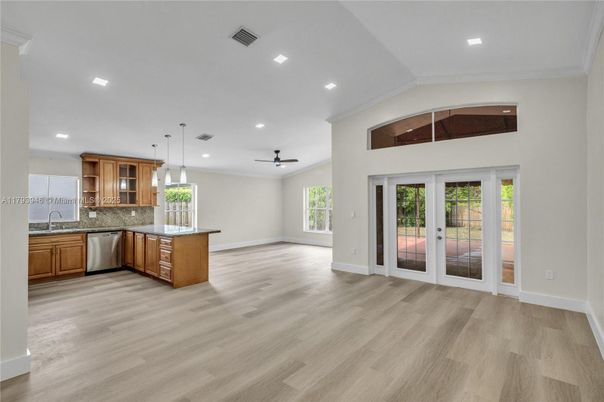 Interior, Kitchen, Pendant Lights, Recessed Lighting, Stainless Steel Appliances, Wood Texture Flooring