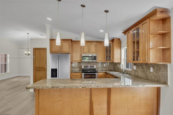 Interior, Kitchen, Pendant Lights, Recessed Lighting, Stainless Steel Appliances, Wood Texture Flooring