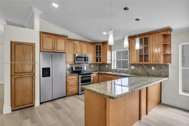 Interior, Kitchen, Pendant Lights, Recessed Lighting, Stainless Steel Appliances, Wood Texture Flooring