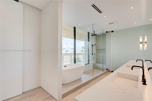 Bathroom, Free Standing Baths, Glass Shower, Interior, Recessed Lighting, Wood Texture Flooring