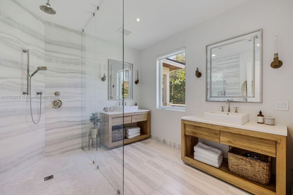 Bathroom, Glass Shower, Interior, Recessed Lighting, Wood Texture Flooring