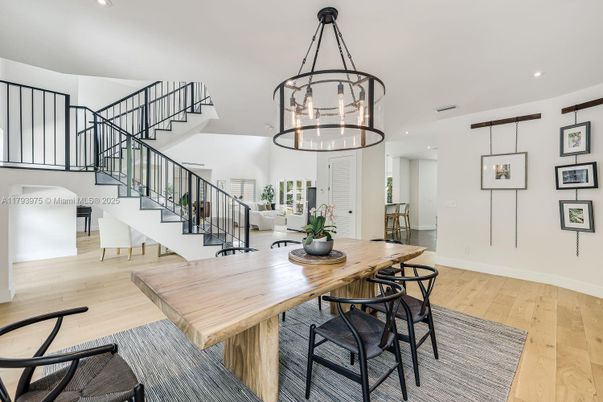 Dining room, Interior, Pendant Lights, Recessed Lighting, Wood Texture Flooring