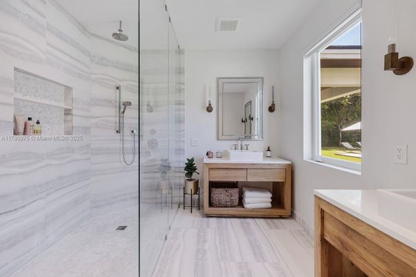 Bathroom, Dual Sink Vanities, Glass Shower, Interior, Marble, Marble Walls