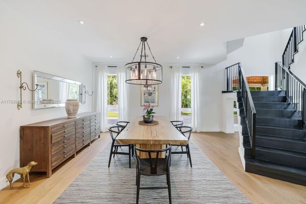 Dining room, Interior, Pendant Lights, Recessed Lighting, Wood Texture Flooring