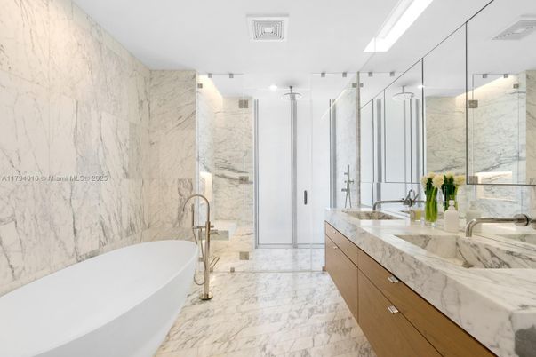 Bathroom, Dual Sink Vanities, Free Standing Baths, Glass Shower, Interior, Marble, Marble Walls