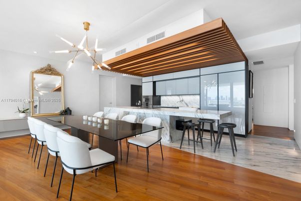 Dining room, Interior, Kitchen, Marble Walls, Pendant Lights, Recessed Lighting, Wood Texture Flooring