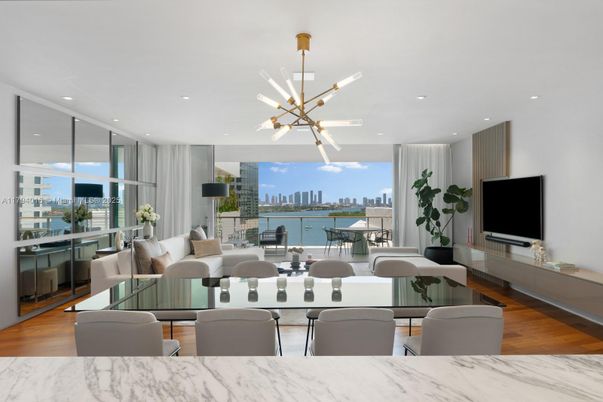 Dining room, Interior, Living room, Pendant Lights, Recessed Lighting, Water, Wood Texture Flooring