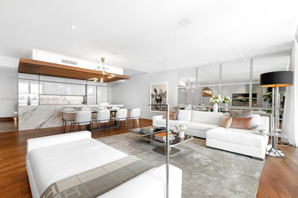 Dining room, Interior, Living room, Marble Walls, Pendant Lights, Recessed Lighting, Wood Texture Flooring
