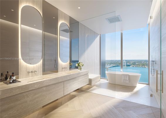 Bathroom, Dual Sink Vanities, Free Standing Baths, Interior, Recessed Lighting, Wood Texture Flooring