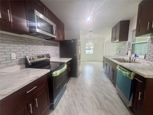 Interior, Kitchen, Marble, Pendant Lights, Stainless Steel Appliances