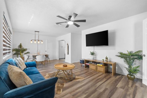 Dining room, Interior, Living room, Pendant Lights, Wood Texture Flooring