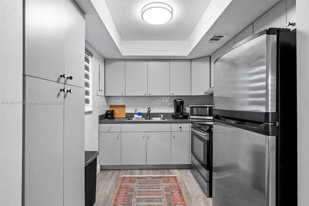 Interior, Kitchen, Stainless Steel Appliances, Wood Texture Flooring