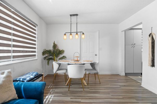 Dining room, Interior, Pendant Lights, Wood Texture Flooring