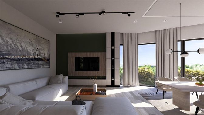 Interior, Living room, Pendant Lights, Recessed Lighting, Wood Texture Flooring