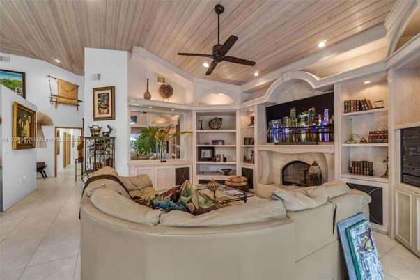 Fireplace, Interior, Living room, Recessed Lighting, Wooden Ceilings