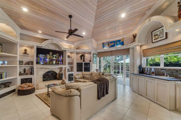 Fireplace, Interior, Living room, Recessed Lighting, Wooden Ceilings