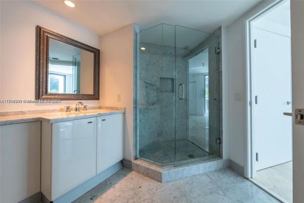 Bathroom, Glass Shower, Interior, Marble, Marble Walls, Recessed Lighting