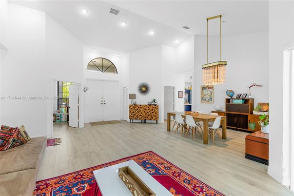 Dining room, Interior, Pendant Lights, Recessed Lighting, Wood Texture Flooring