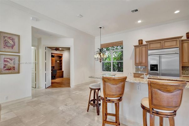 Chandelier, Interior, Kitchen, Pendant Lights, Recessed Lighting, Stainless Steel Appliances, Wood Texture Flooring
