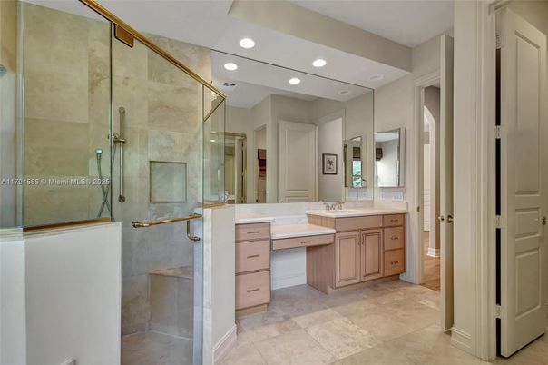 Bathroom, Dual Sink Vanities, Glass Shower, Interior, Recessed Lighting
