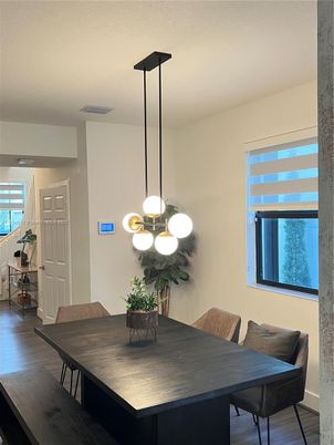 Dining room, Interior, Pendant Lights, Wood Texture Flooring