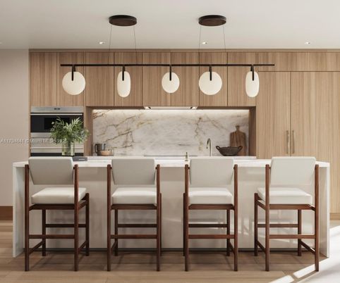 Interior, Kitchen, Marble Walls, Pendant Lights, Recessed Lighting, Wood Texture Flooring