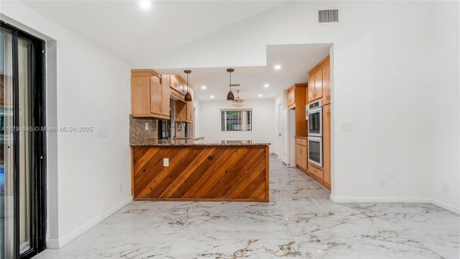 Interior, Kitchen, Marble, Pendant Lights, Recessed Lighting, Stainless Steel Appliances