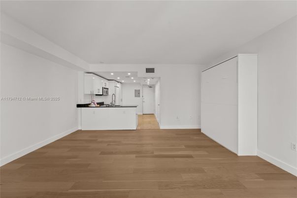 Empty room, Interior, Kitchen, Recessed Lighting, Wood Texture Flooring