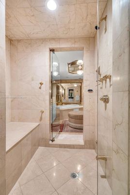 Bathroom, Glass Shower, Interior, Marble Walls, Recessed Lighting