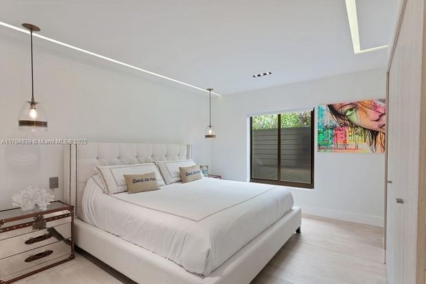 Bedroom, Interior, Pendant Lights, Wood Texture Flooring
