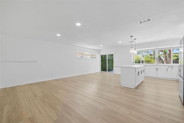 Empty room, Interior, Kitchen, Pendant Lights, Recessed Lighting, Wood Texture Flooring