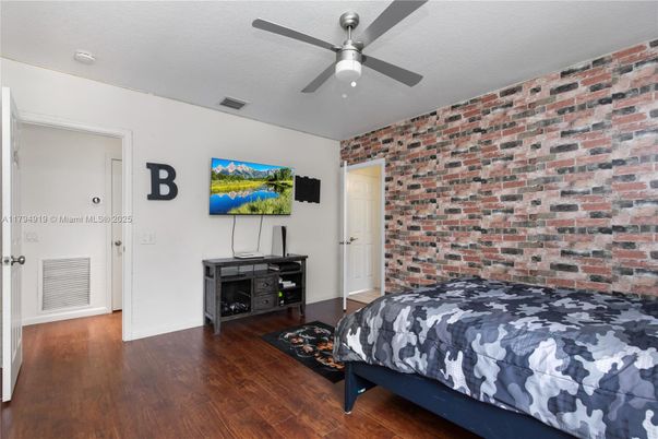 Bedroom, Interior, Stone Walls, Wood Texture Flooring