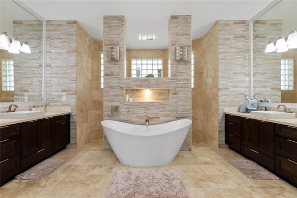 Bathroom, Dual Sink Vanities, Free Standing Baths, Interior, Stone Walls