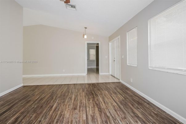 Empty room, Interior, Pendant Lights, Wood Texture Flooring
