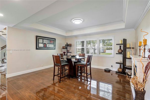 Dining room, Interior, Recessed Lighting, Wood Texture Flooring