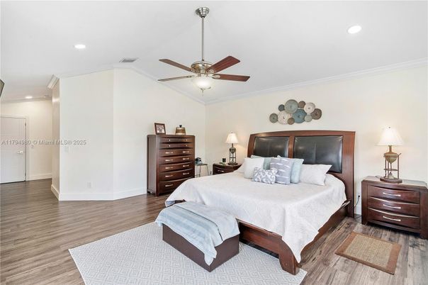 Bedroom, Interior, Recessed Lighting, Wood Texture Flooring