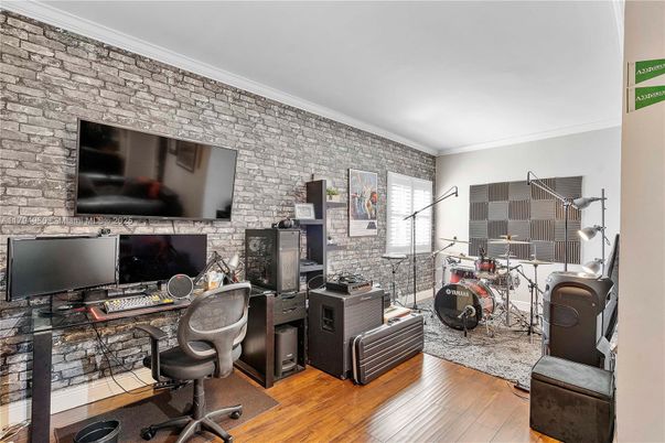 Fitness Equipment, Home Office, Interior, Stone Walls, Wood Texture Flooring