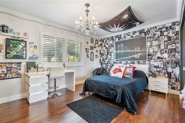 Bedroom, Chandelier, Interior, Wood Texture Flooring