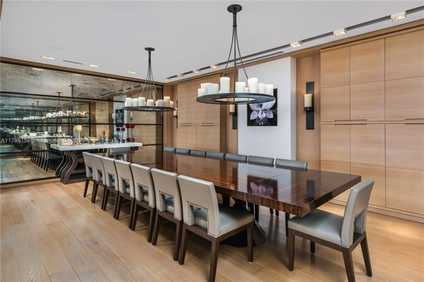 Chandelier, Dining room, Interior, Pendant Lights, Recessed Lighting, Wood Texture Flooring
