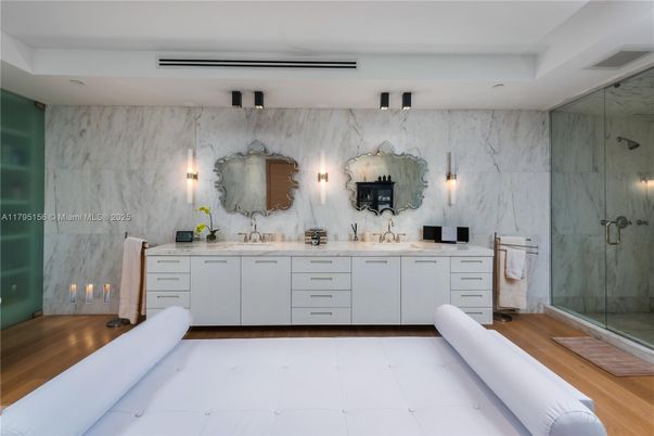 Bathroom, Dual Sink Vanities, Glass Shower, Interior, Marble Walls