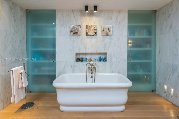 Bathroom, Free Standing Baths, Interior, Marble Walls, Wood Texture Flooring