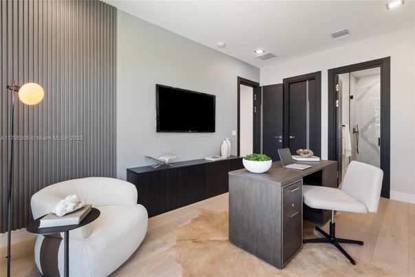 Home Office, Interior, Pendant Lights, Recessed Lighting, Wood Texture Flooring